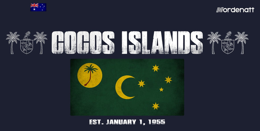 Cocos Islands design preview: flag, date and emblem inspiration printed on dark t-shirts (Nordenatt)