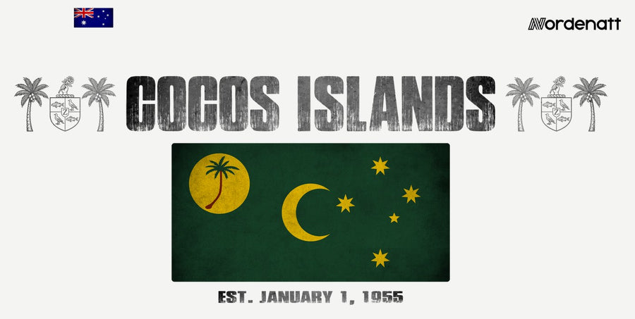 Cocos Islands design preview: flag, date and emblem inspiration printed on light t-shirts (Nordenatt)