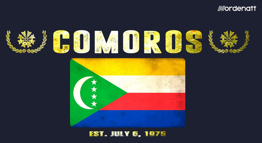 Comoros design preview: flag, date and emblem inspiration printed on dark t-shirts (Nordenatt)