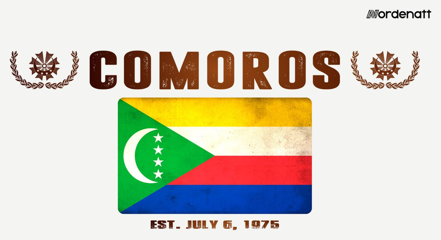 Comoros design preview: flag, date and emblem inspiration printed on light t-shirts (Nordenatt)