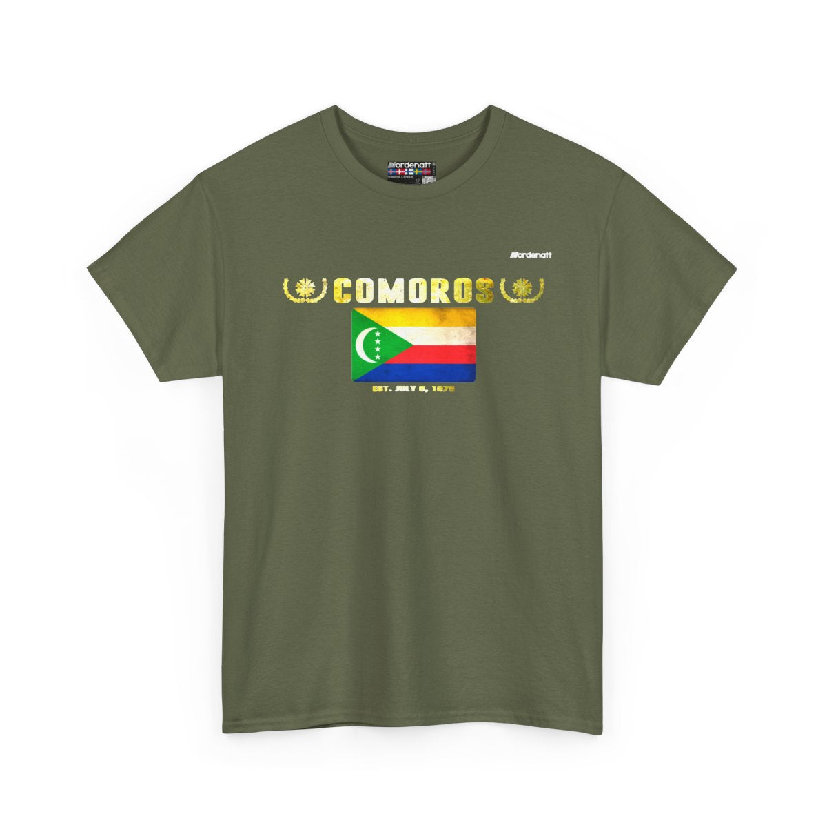Comoros flag t-shirt in Military Green — premium cotton, Nordenatt