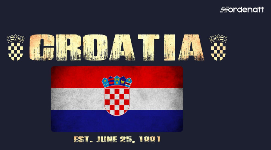 Croatia design preview: flag, date and emblem inspiration printed on dark t-shirts (Nordenatt)