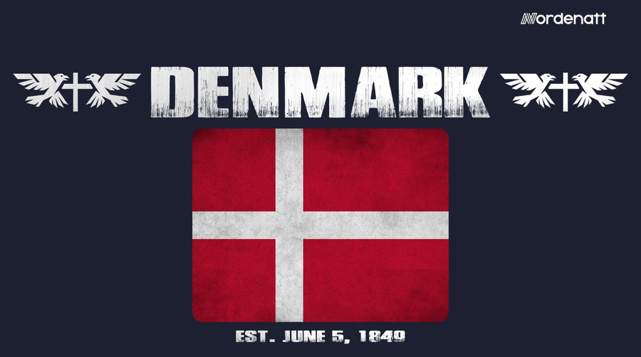 Denmark design preview: flag, date and emblem inspiration printed on dark t-shirts (Nordenatt)