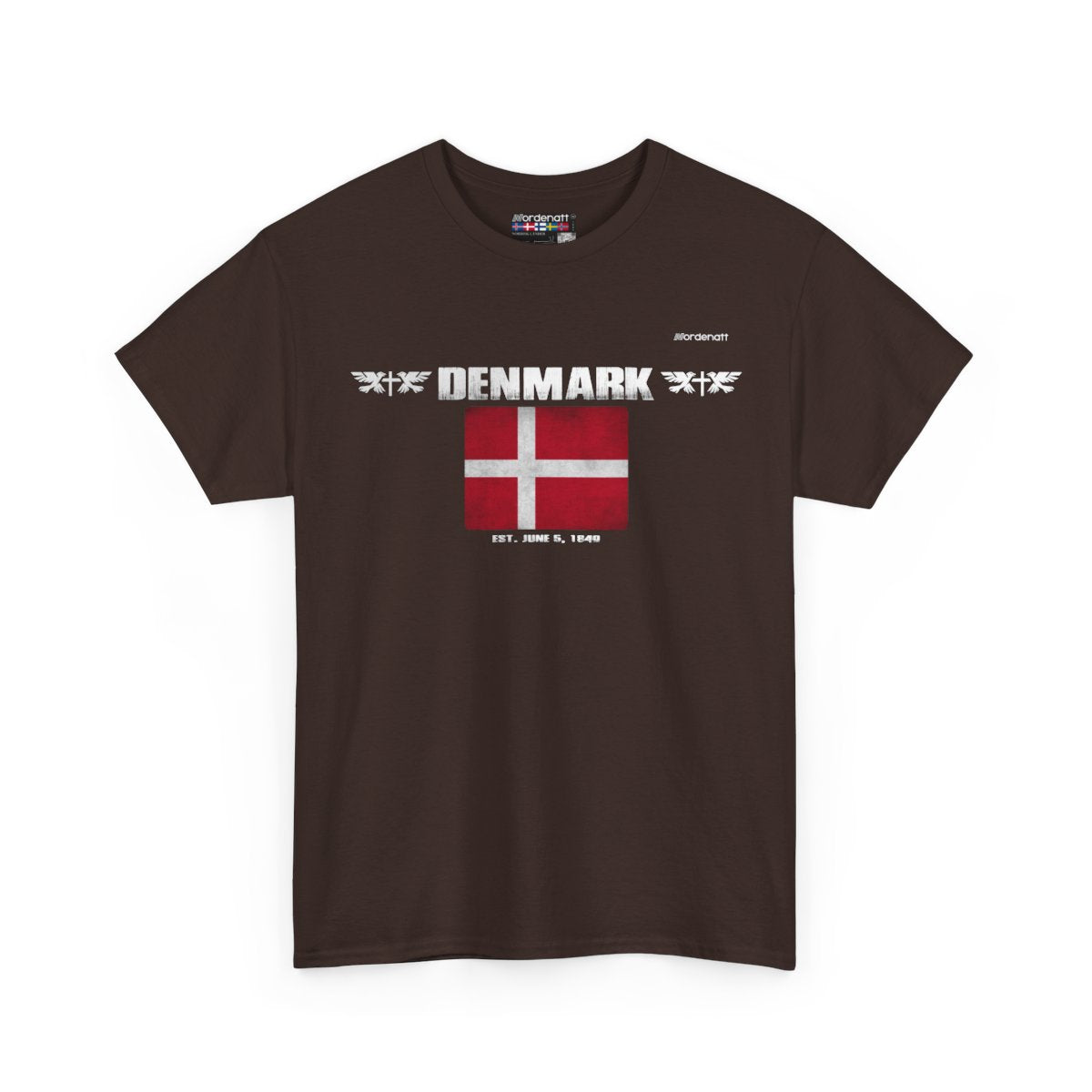 Denmark flag t-shirt in Dark Chocolate — premium cotton, Nordenatt
