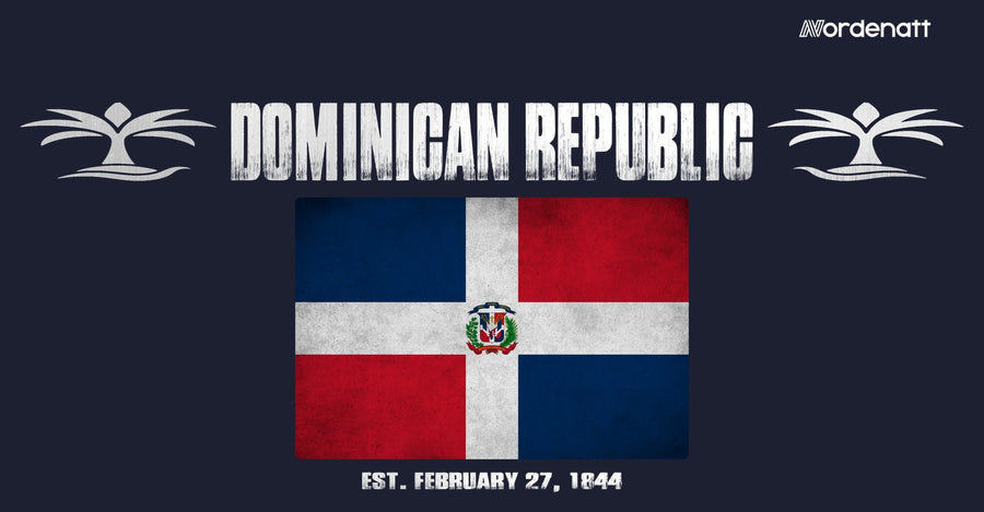 Dominican Republic design preview: flag, date and emblem inspiration printed on dark t-shirts (Nordenatt)