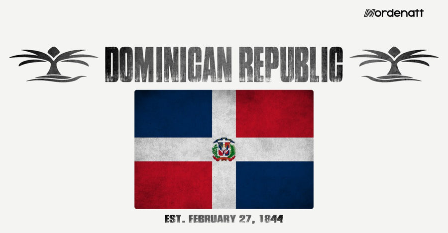Dominican Republic design preview: flag, date and emblem inspiration printed on light t-shirts (Nordenatt)