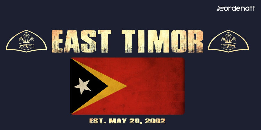 East Timor design preview: flag, date and emblem inspiration printed on dark t-shirts (Nordenatt)
