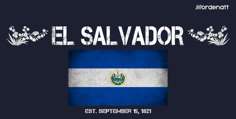 El Salvador design preview: flag, date and emblem inspiration printed on dark t-shirts (Nordenatt)