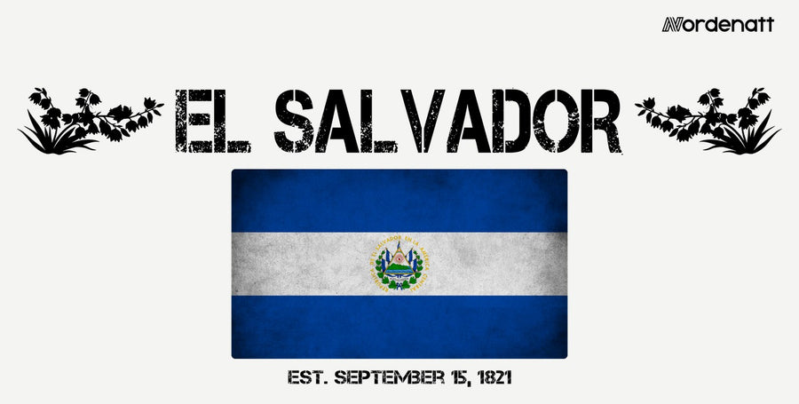 El Salvador design preview: flag, date and emblem inspiration printed on light t-shirts (Nordenatt)