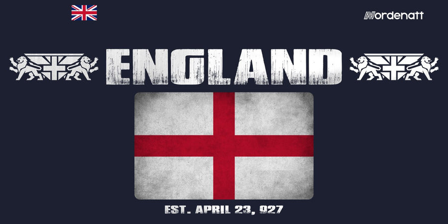 England design preview: flag, date and emblem inspiration printed on dark t-shirts (Nordenatt)