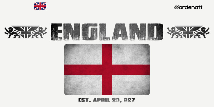 England design preview: flag, date and emblem inspiration printed on light t-shirts (Nordenatt)