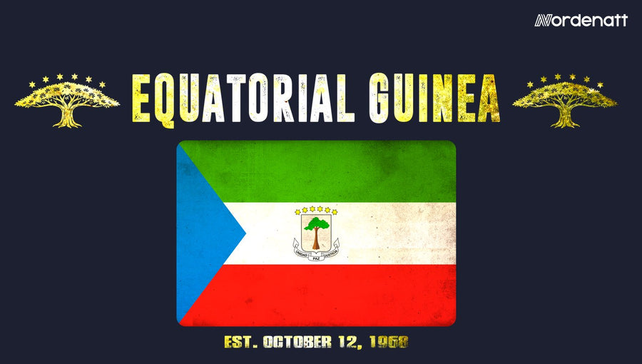 Equatorial Guinea design preview: flag, date and emblem inspiration printed on dark t-shirts (Nordenatt)
