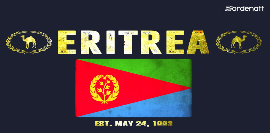 Eritrea design preview: flag, date and emblem inspiration printed on dark t-shirts (Nordenatt)