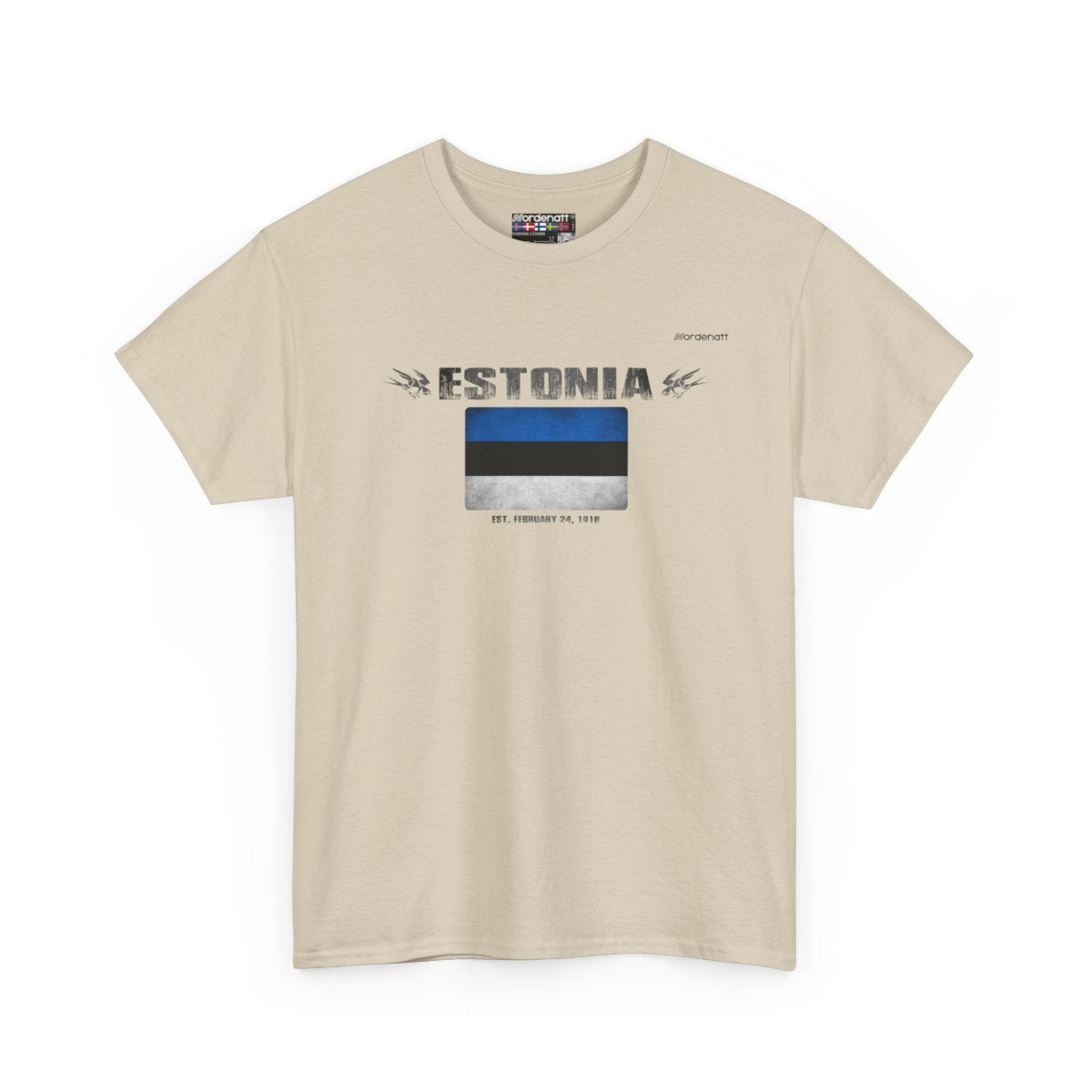 Estonia flag t-shirt in Sand — premium cotton, Nordenatt