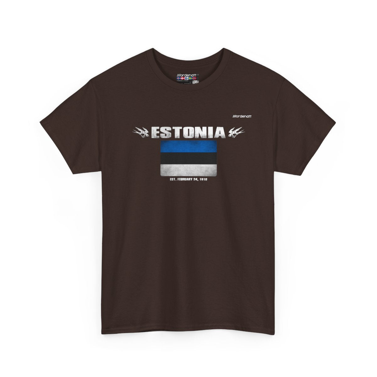 Estonia flag t-shirt in Dark Chocolate — premium cotton, Nordenatt