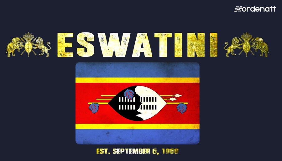 Eswatini design preview: flag, date and emblem inspiration printed on dark t-shirts (Nordenatt)