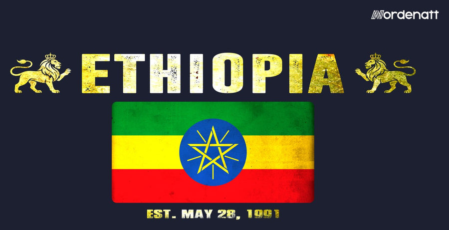 Ethiopia design preview: flag, date and emblem inspiration printed on dark t-shirts (Nordenatt)
