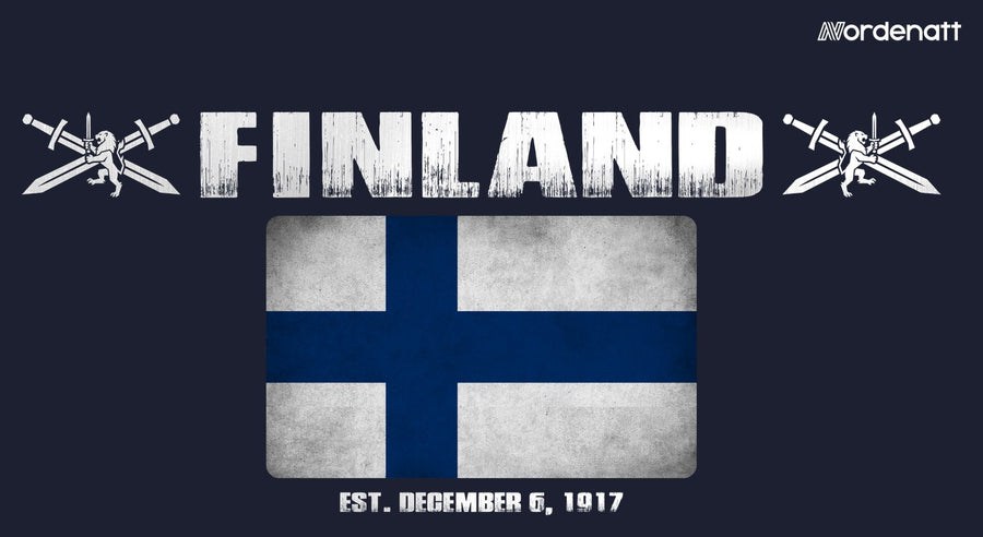 Finland design preview: flag, date and emblem inspiration printed on dark t-shirts (Nordenatt)