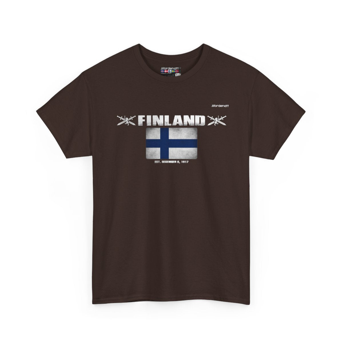 Finland flag t-shirt in Dark Chocolate — premium cotton, Nordenatt