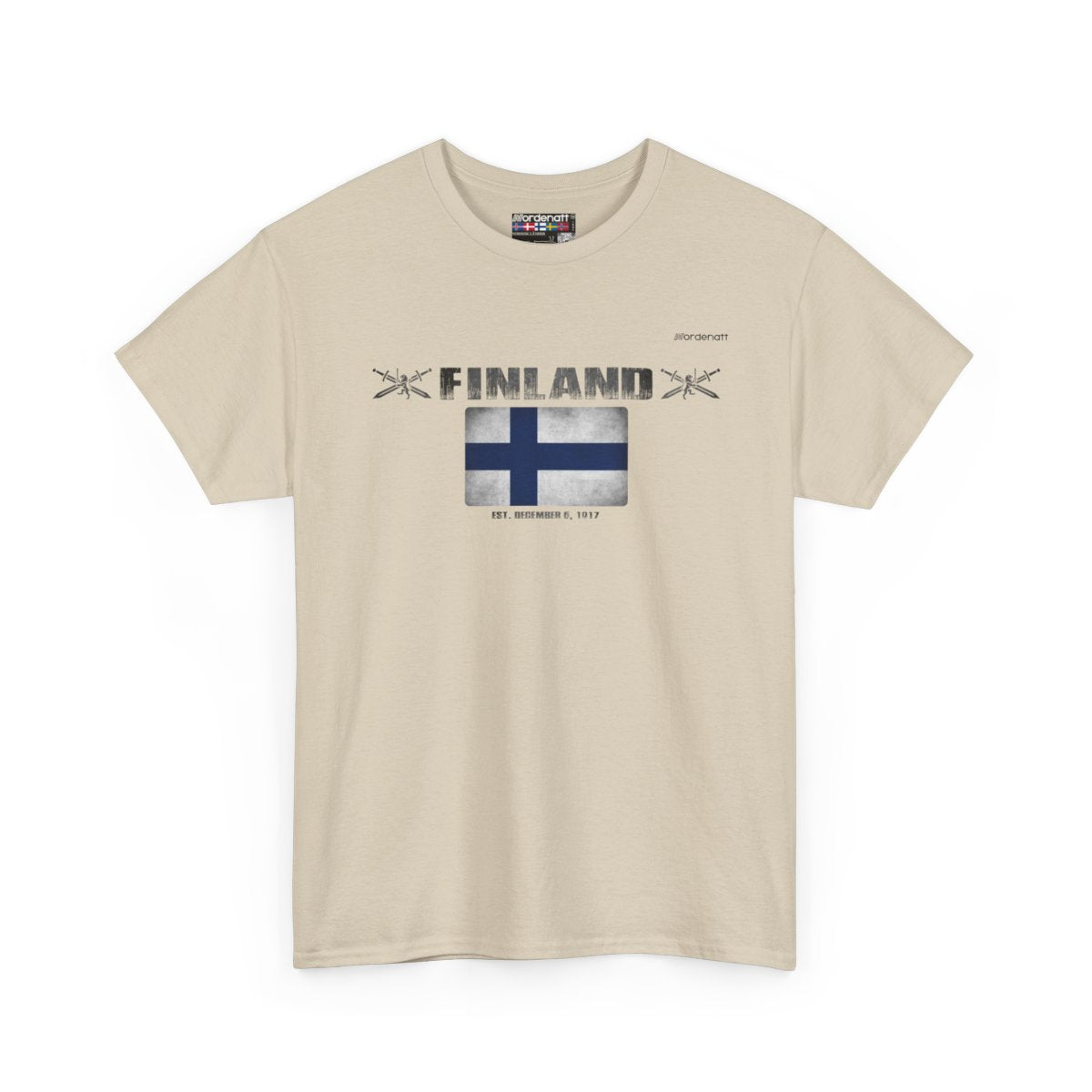 Finland flag t-shirt in Sand — premium cotton, Nordenatt