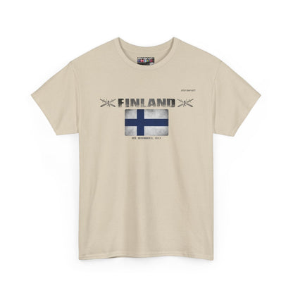 Finland flag t-shirt in Sand — premium cotton, Nordenatt