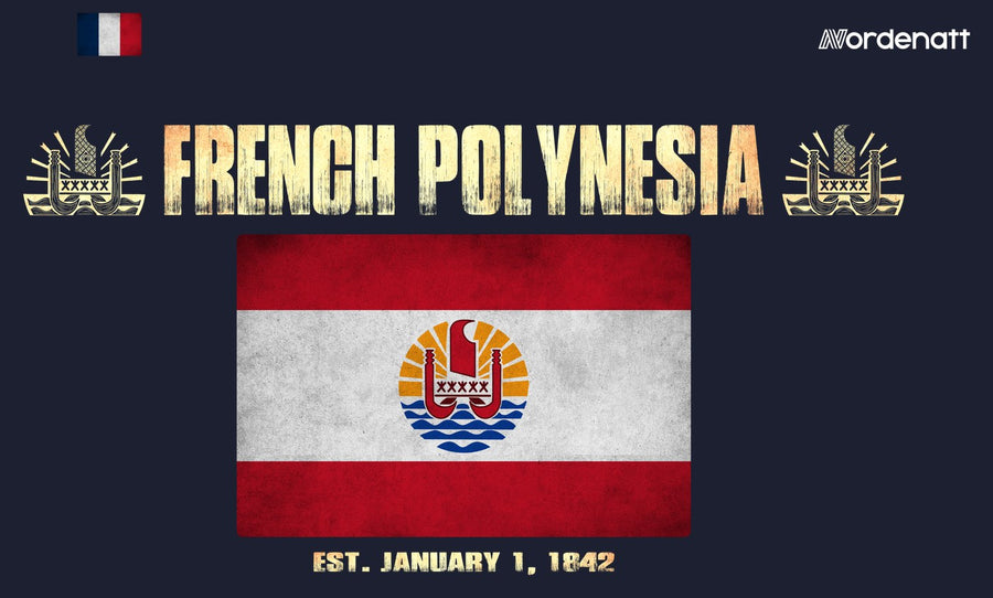 French Polynesia design preview: flag, date and emblem inspiration printed on dark t-shirts (Nordenatt)