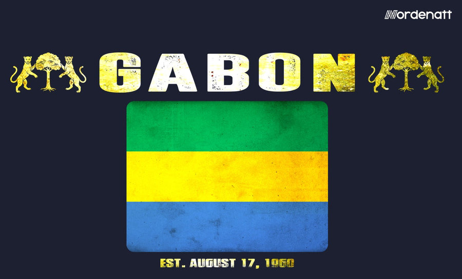 Gabon design preview: flag, date and emblem inspiration printed on dark t-shirts (Nordenatt)
