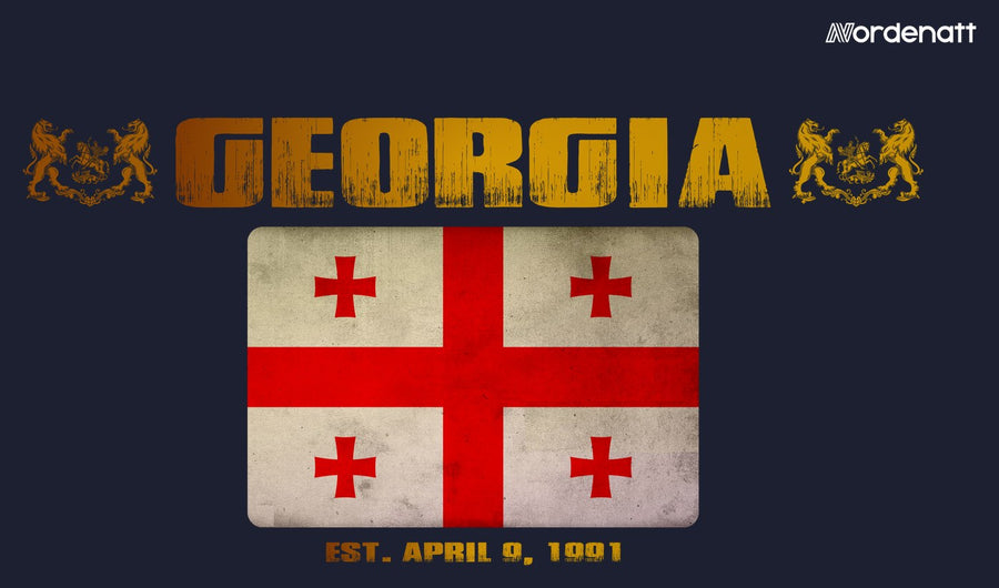 Georgia design preview: flag, date and emblem inspiration printed on dark t-shirts (Nordenatt)