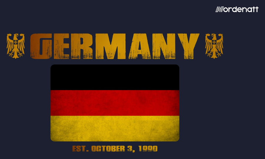 Germany design preview: flag, date and emblem inspiration printed on dark t-shirts (Nordenatt)