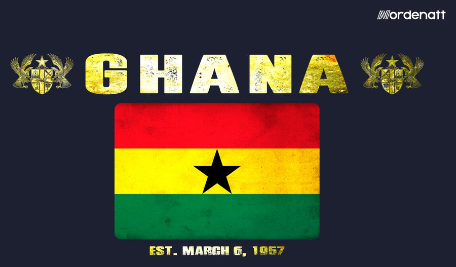 Ghana design preview: flag, date and emblem inspiration printed on dark t-shirts (Nordenatt)