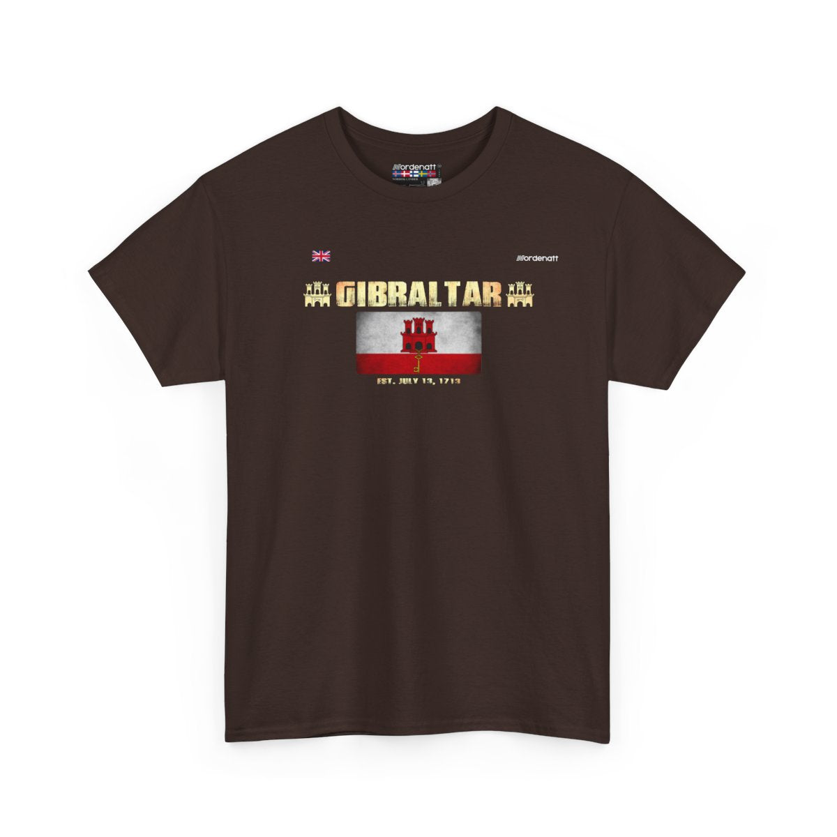 Gibraltar flag t-shirt in Dark Chocolate — premium cotton, Nordenatt
