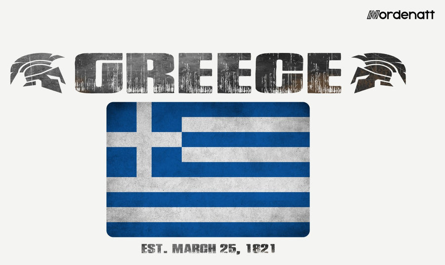 Greece design preview: flag, date and emblem inspiration printed on light t-shirts (Nordenatt)