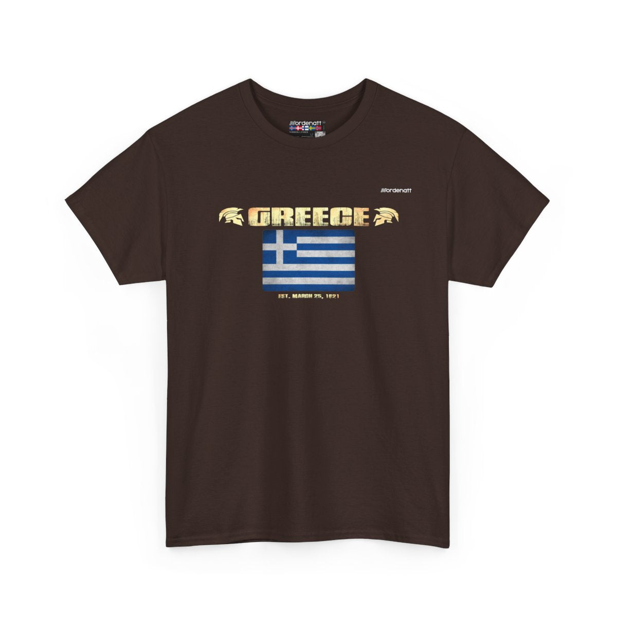 Greece flag t-shirt in Dark Chocolate — premium cotton, Nordenatt