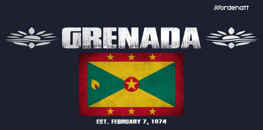 Grenada design preview: flag, date and emblem inspiration printed on dark t-shirts (Nordenatt)