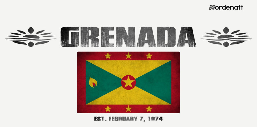 Grenada design preview: flag, date and emblem inspiration printed on light t-shirts (Nordenatt)