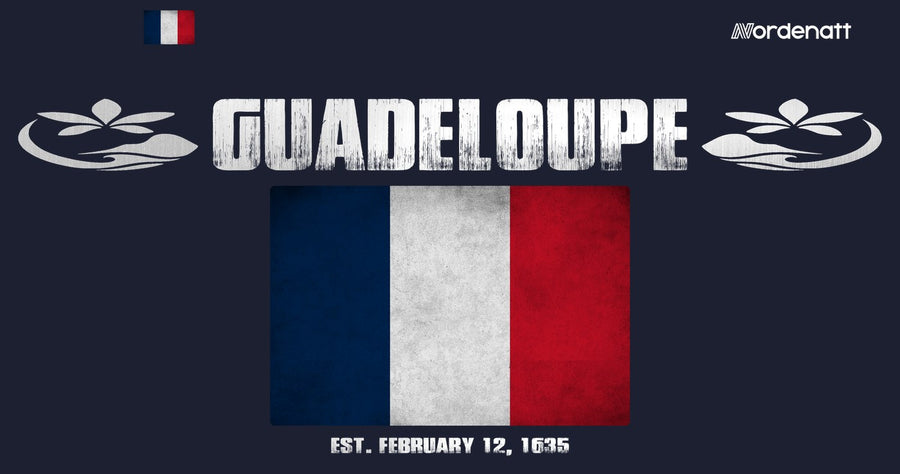 Guadeloupe design preview: flag, date and emblem inspiration printed on dark t-shirts (Nordenatt)