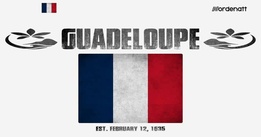 Guadeloupe design preview: flag, date and emblem inspiration printed on light t-shirts (Nordenatt)