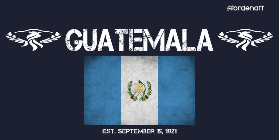 Guatemala design preview: flag, date and emblem inspiration printed on dark t-shirts (Nordenatt)