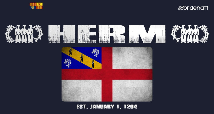 Herm design preview: flag, date and emblem inspiration printed on dark t-shirts (Nordenatt)