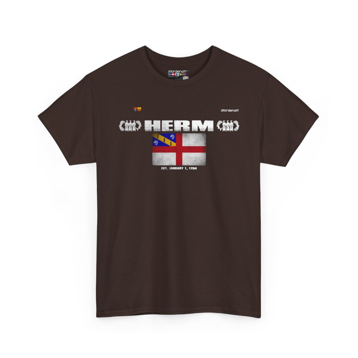 Herm flag t-shirt in Dark Chocolate — premium cotton, Nordenatt