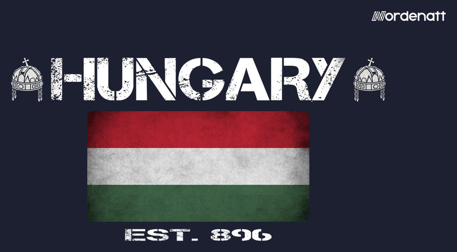 Hungary design preview: flag, date and emblem inspiration printed on dark t-shirts (Nordenatt)