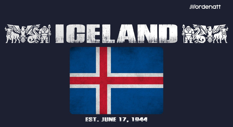 Iceland design preview: flag, date and emblem inspiration printed on dark t-shirts (Nordenatt)