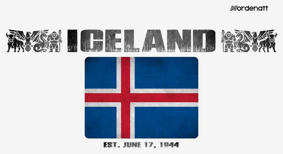 Iceland design preview: flag, date and emblem inspiration printed on light t-shirts (Nordenatt)