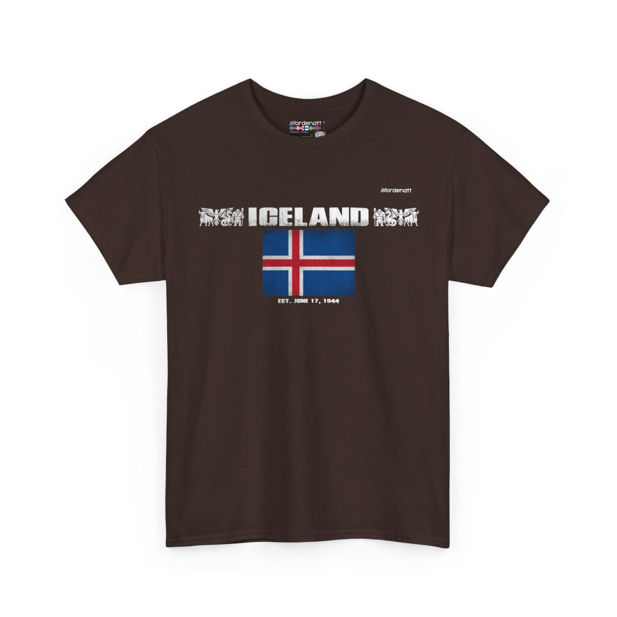 Iceland flag t-shirt in Dark Chocolate — premium cotton, Nordenatt