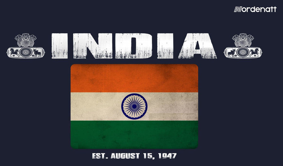 India design preview: flag, date and emblem inspiration printed on dark t-shirts (Nordenatt)