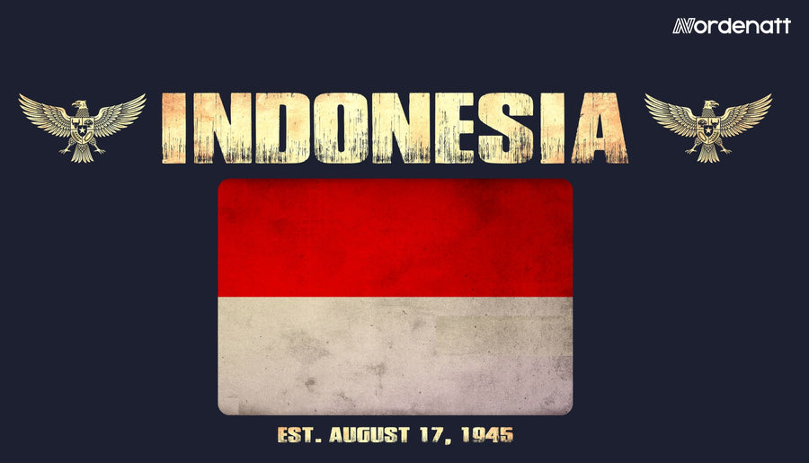 Indonesia design preview: flag, date and emblem inspiration printed on dark t-shirts (Nordenatt)