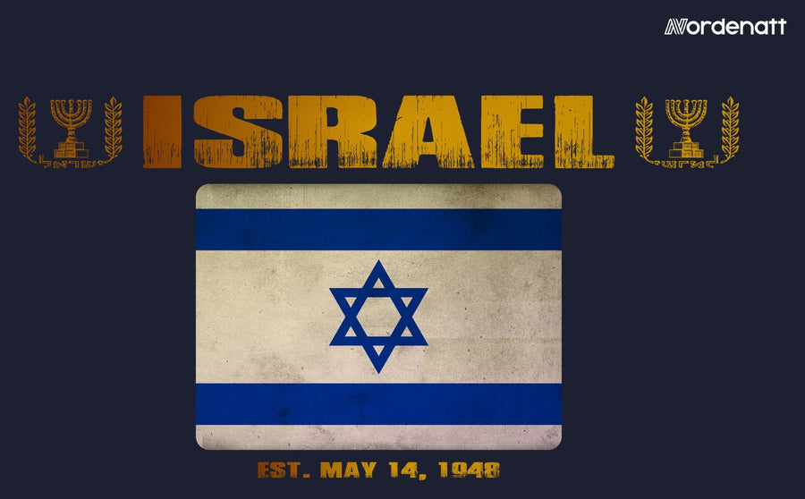 Israel design preview: flag, date and emblem inspiration printed on dark t-shirts (Nordenatt)