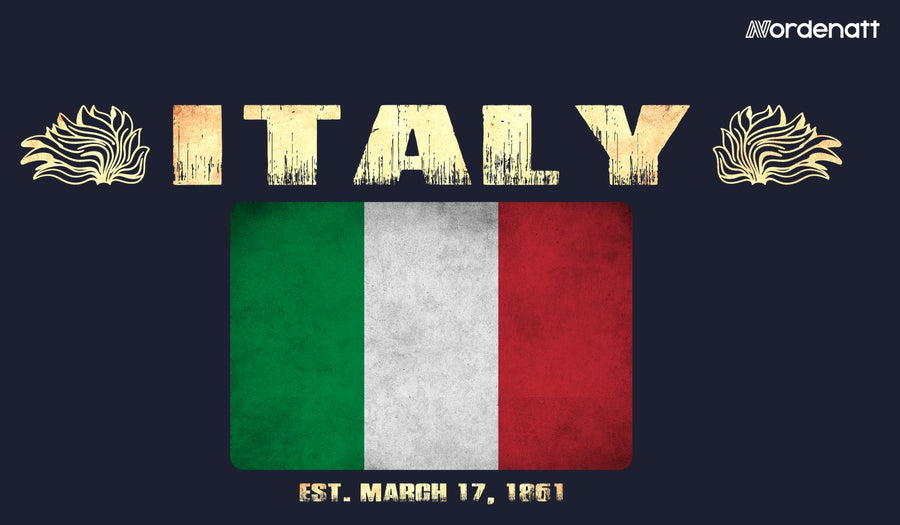 Italy design preview: flag, date and emblem inspiration printed on dark t-shirts (Nordenatt)