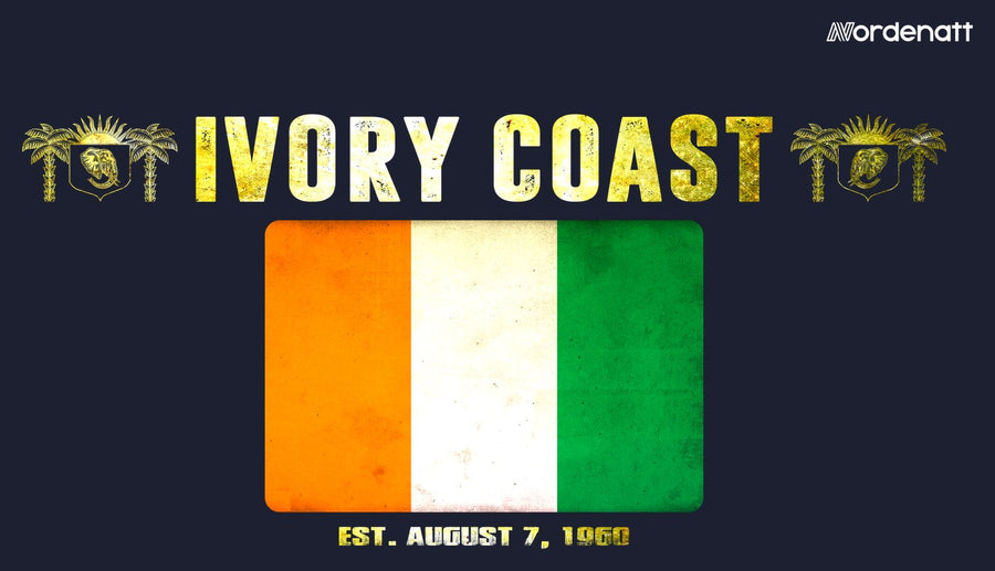 Ivory Coast design preview: flag, date and emblem inspiration printed on dark t-shirts (Nordenatt)