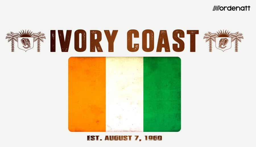 Ivory Coast design preview: flag, date and emblem inspiration printed on light t-shirts (Nordenatt)